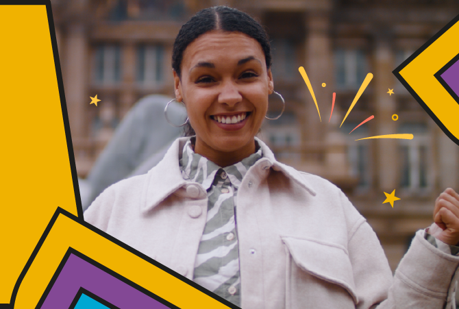 Young blank woman smiling, with "inspirational" splashes of colour