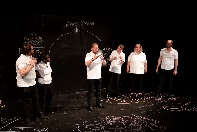 A mixed deaf and hearing drama group of six people perform ‘Guardian’ at the Crescent Theatre