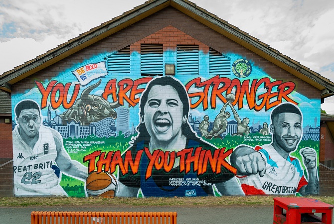 Photograph of the mural in Reddings Lane Park. The writing on the mural reads: You are stronger than you think.
