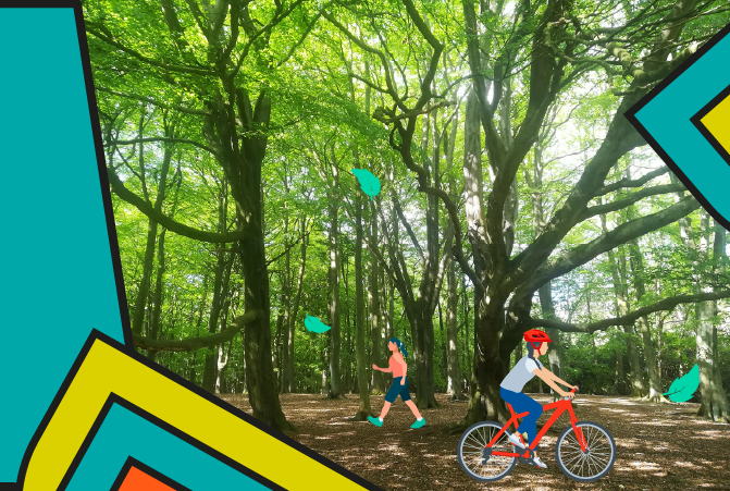 Tree area within a park, with brightly coloured drawings of a woman walking and a person on a bicycle