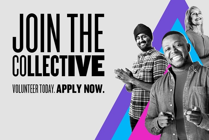 "Join the collective" slogan with 3 people from different communities