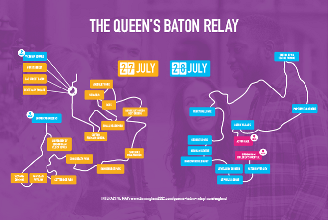 Map showing stops on the Queen's Baton Relay route