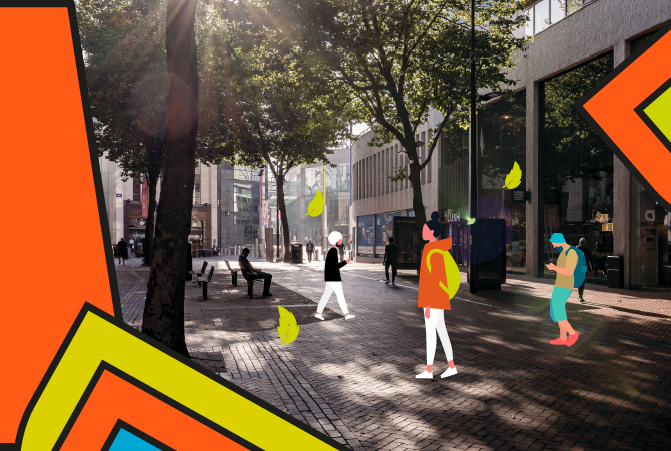 City centre high street image with brightly coloured images of people embedded on