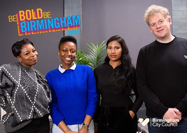 Left to right - Melzy J, Madeleine Kludge, Yasmin Ness and Ben Shaw record episode 11 of the Be Bold, Be Birmingham podcast