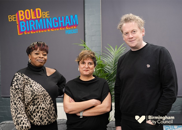 Left to right - Melzy J, Sara Wajid and Ben Kane record episode 12 of the Be Bold, Be Birmingham podcast