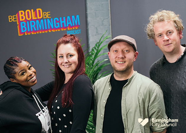 Left to right - Melzy J, Laura McEwan, Jack Brabant and Ben Kane record episode 6 of the Be Bold, Be Birmingham podcast
