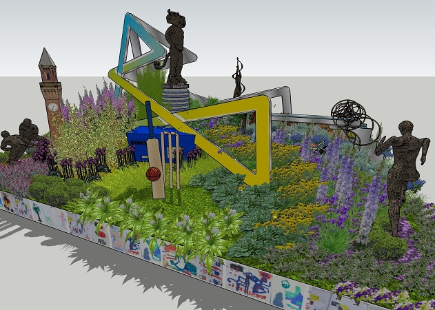 CGI image of Birmingham City Council’s Birmingham 2022 themed Chelsea Flower Show display which includes famous city landmarks, sports and the Birmingham 2022 logo in the centre