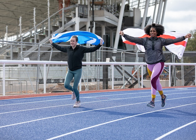 Laura Muir and Kadeena Cox testing the new warm-up athletes track at the Alexander Stadium